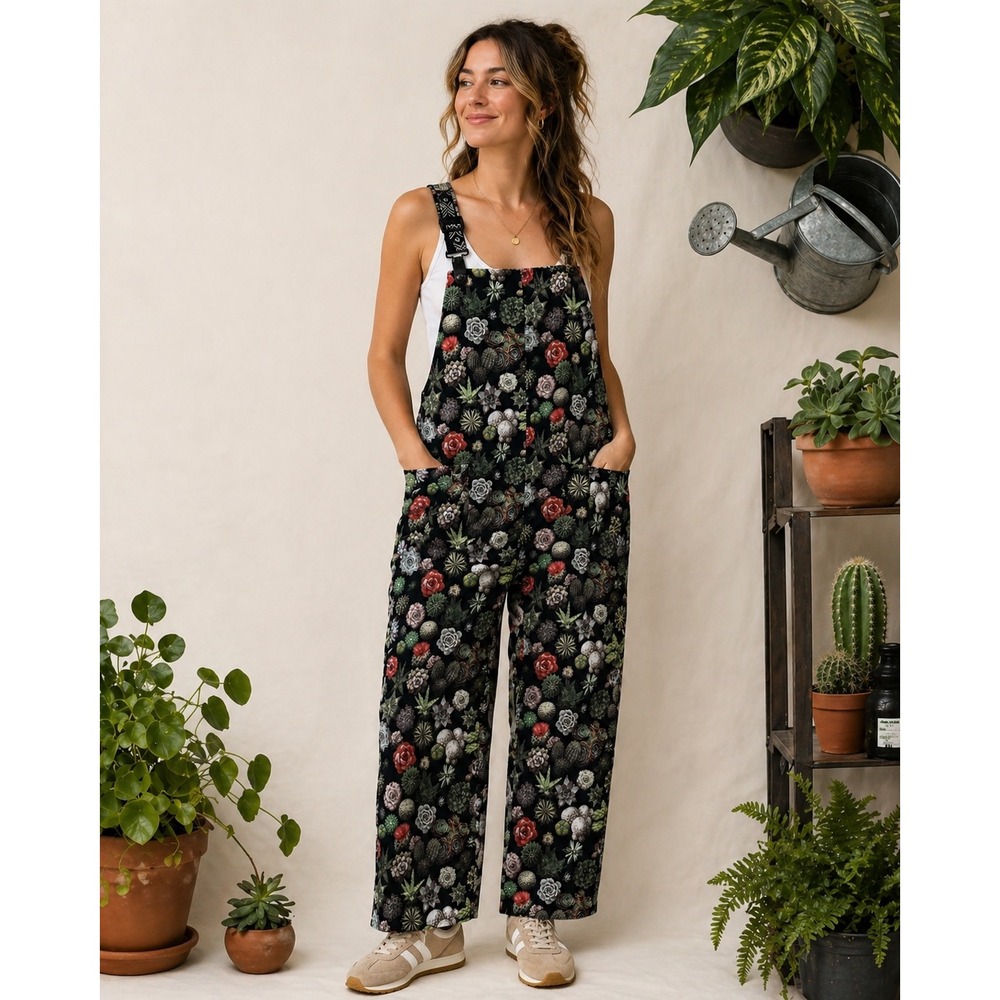 KAVU San Blas Greenhouse Overalls XL Black Succulent Cactus Print NWT 6094-856-4 - Picture 2 of 11